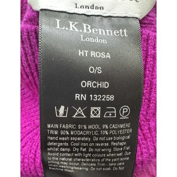 L.K. Bennett London Wool Cashmere Beanie Hat Purple Fur Pom One Size - Picture 4 of 5